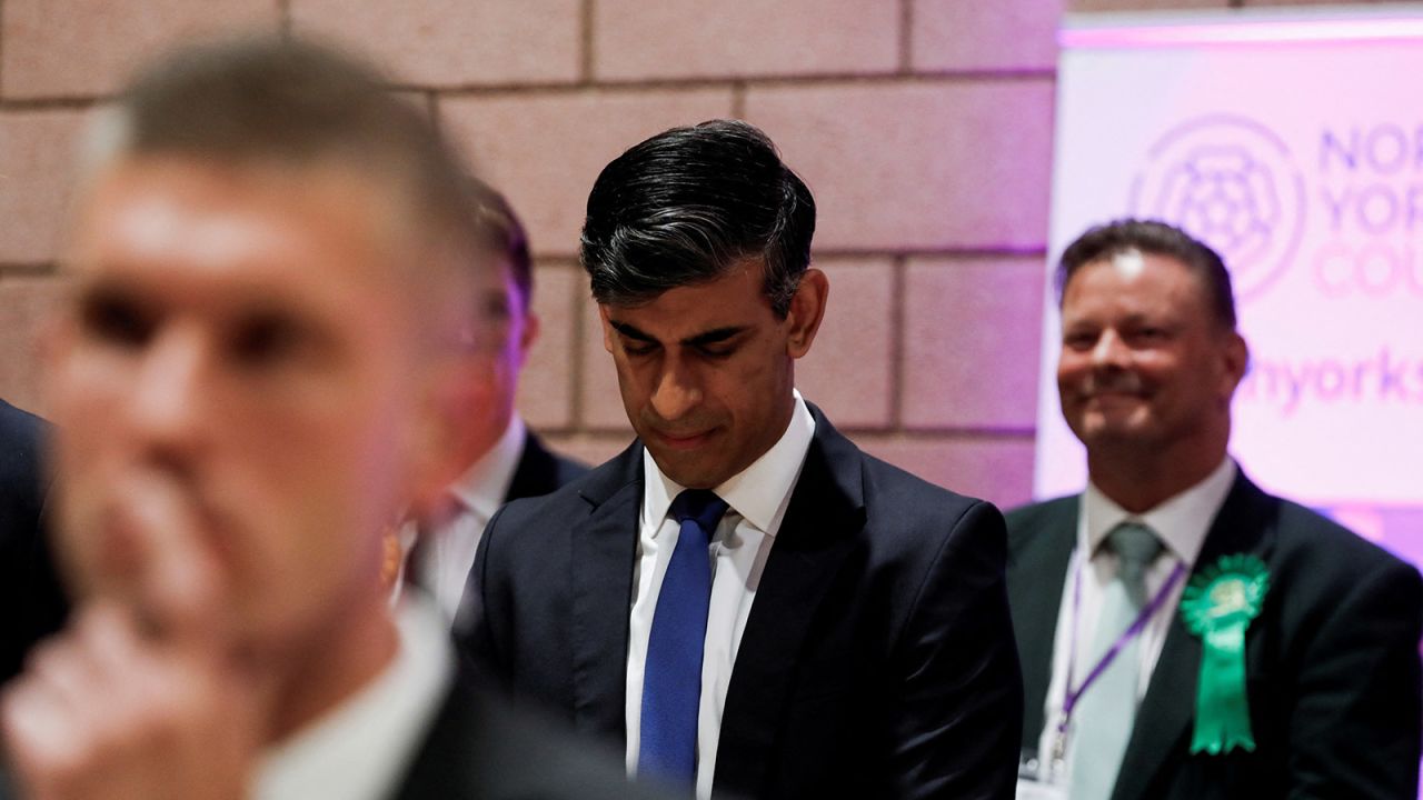 British Prime Minister Rishi Sunak reacts after winning his seat at Richmond and Northallerton during the UK election in Northallerton, Britain, on July 5.