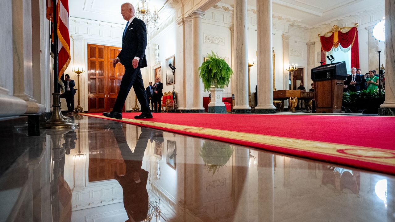 President Joe Biden departs after speaking to the media following the Supreme Court's ruling on charges against former President Donald Trump that he sought to subvert the 2020 election, at the White House in Washington, DC, on July 1. 