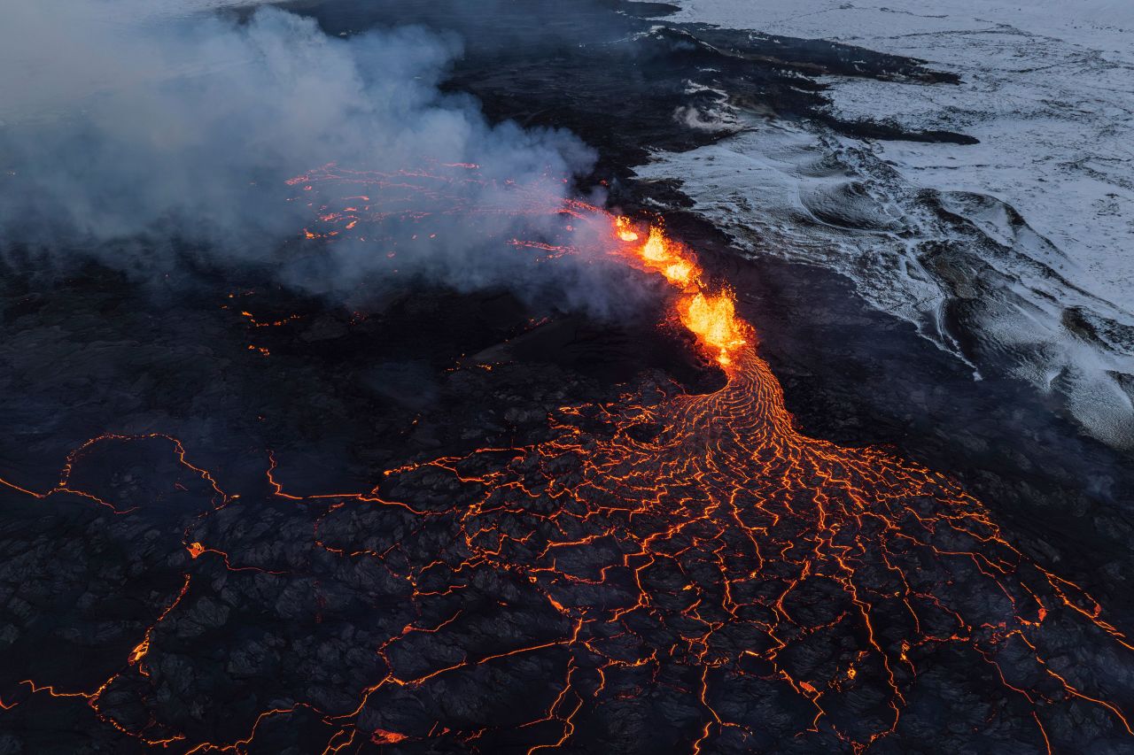 An active segment of the volcano near Grindavik, Iceland, is seen from above on Tuesday.