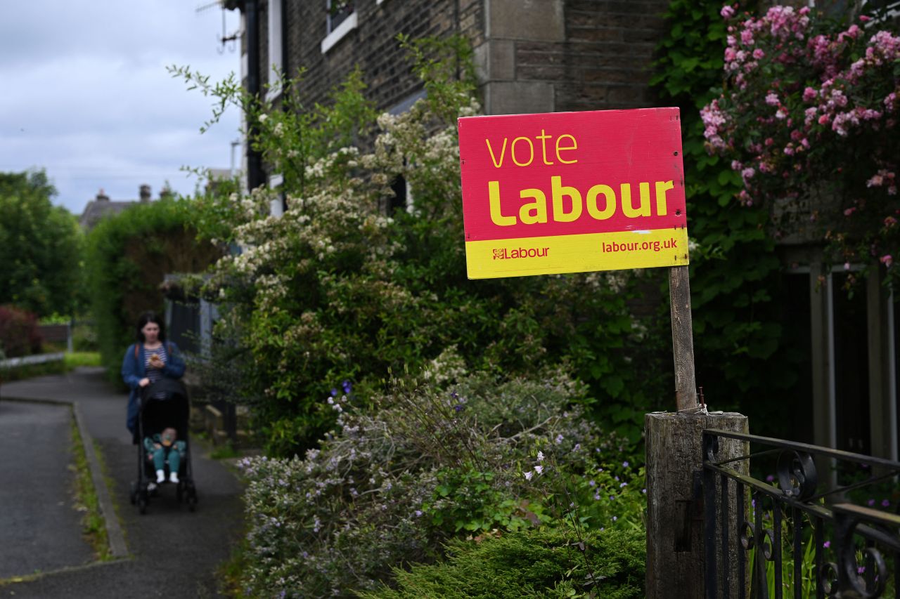Campaign signage for Britain's Labour party is seen in Guildford, England, on June 14, ahead of the UK general election.