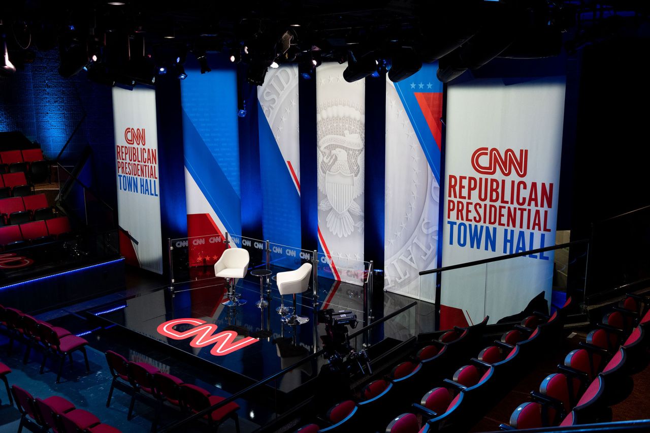 The empty stage the night before CNN’s Republican Presidential Town Hall with former Vice President Mike Pence at Grand View University in Des Moines, Iowa, on Tuesday, June 6.