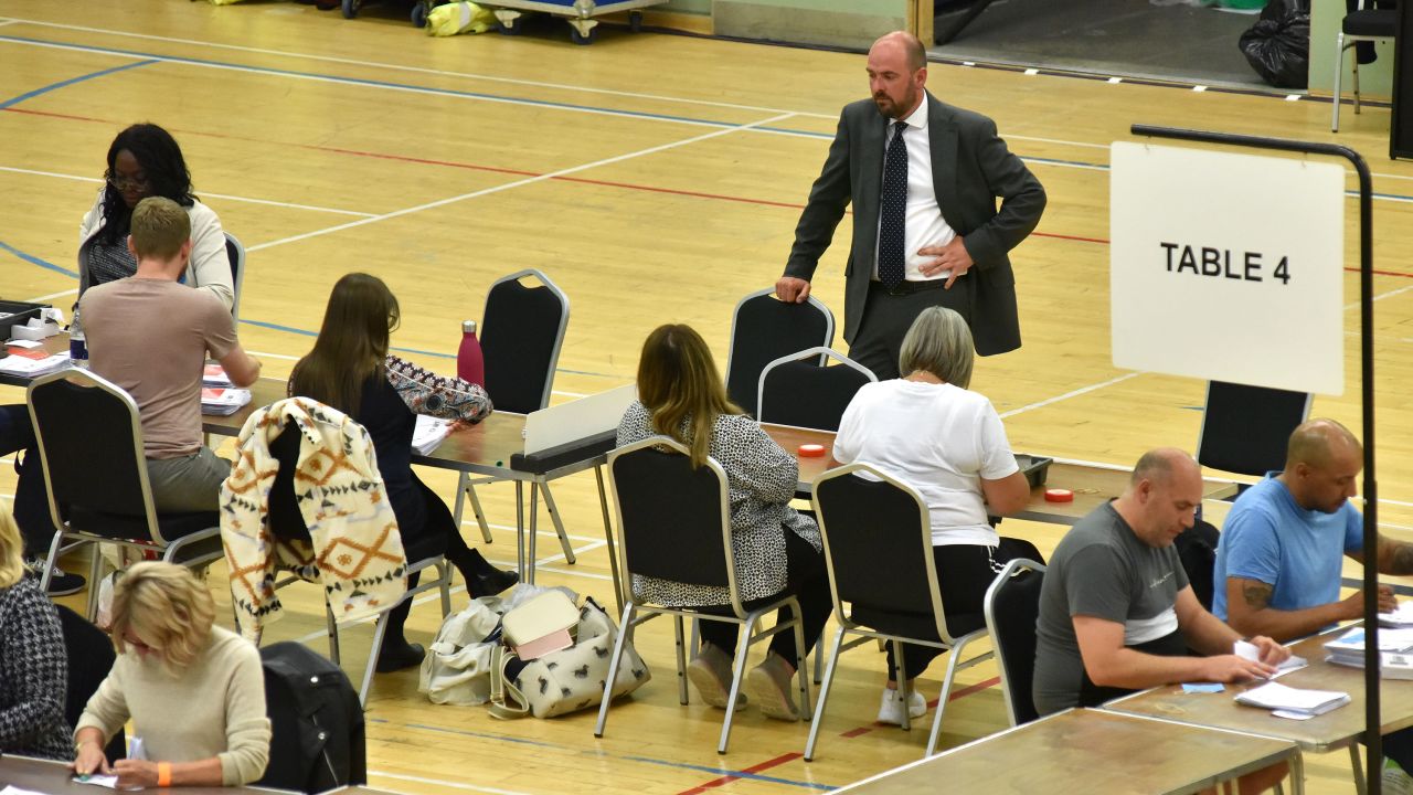 Conservative Party Chairman Richard Holden watches a recount for Basildon and Billericay in Basildon, England, on July 5. 