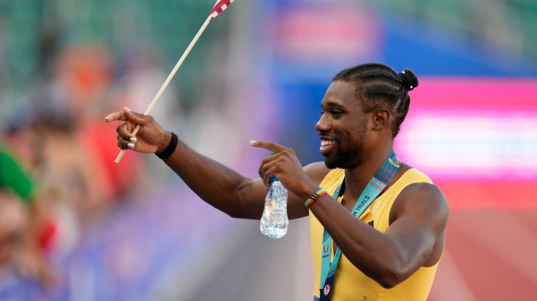 Noah Lyles celebrates after winning the men's 200-meter final during the U.S. Track and Field Olympic Team Trials Saturday, June 29, 2024, in Eugene, Ore.