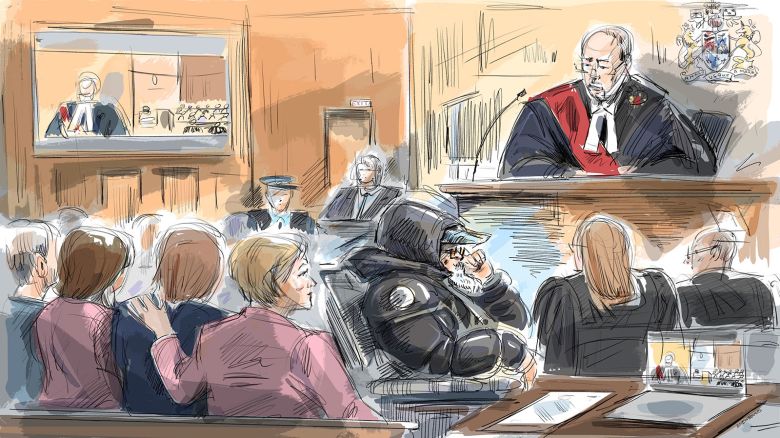 Therapist and survivor advocate Shannon Moroney, centre left to right, Peter Nygard, and his lawyer Gerri Wiebe, seen in a courtroom sketch in Toronto on September 9, 2024.