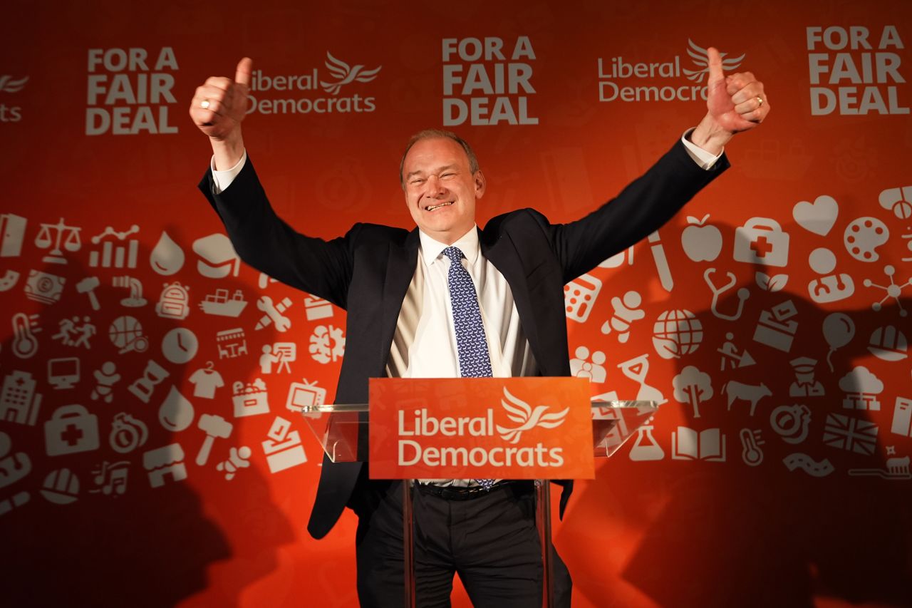 Liberal Democrat leader Sir Ed Davey at the London Art Bar in central London where party supporters are watching the results of the election on July 5.