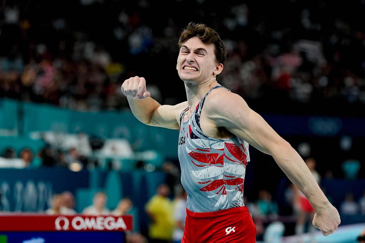 American gymnast Stephen Nedoroscik celebrates after his pommel horse performance on July 29.