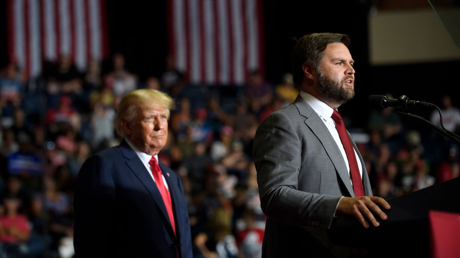In this September 2022 photo, J.D. Vance and former President Donald Trump speak at a Save America Rally in Youngstown, Ohio.