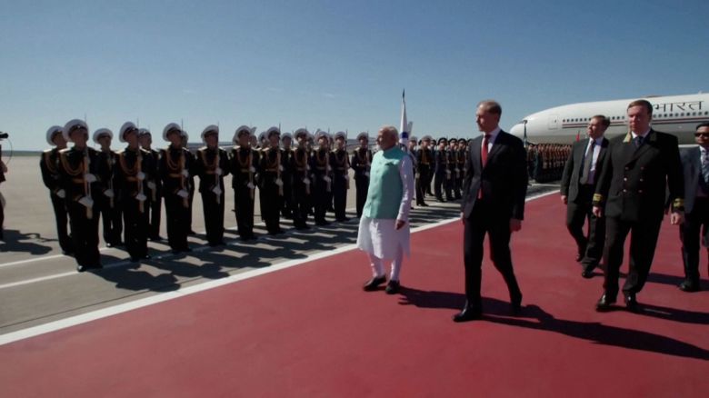 This still from video shows Indian Prime Minister Narendra Modi arriving in Moscow on Monday for a two-day state visit.