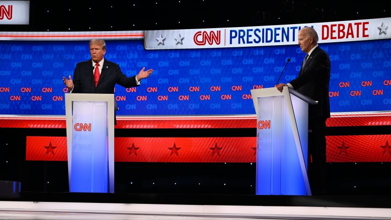 Former President Donald Trump and President Joe Biden debate at CNN's Atlanta studios on June 27, 2024.