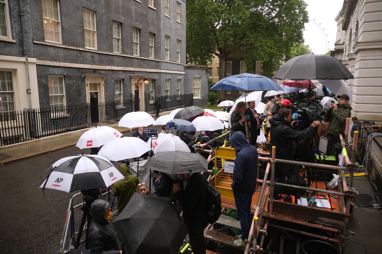 The media take up their positions in Downing Street following Labour's landslide election victory on July 5, in London, England.