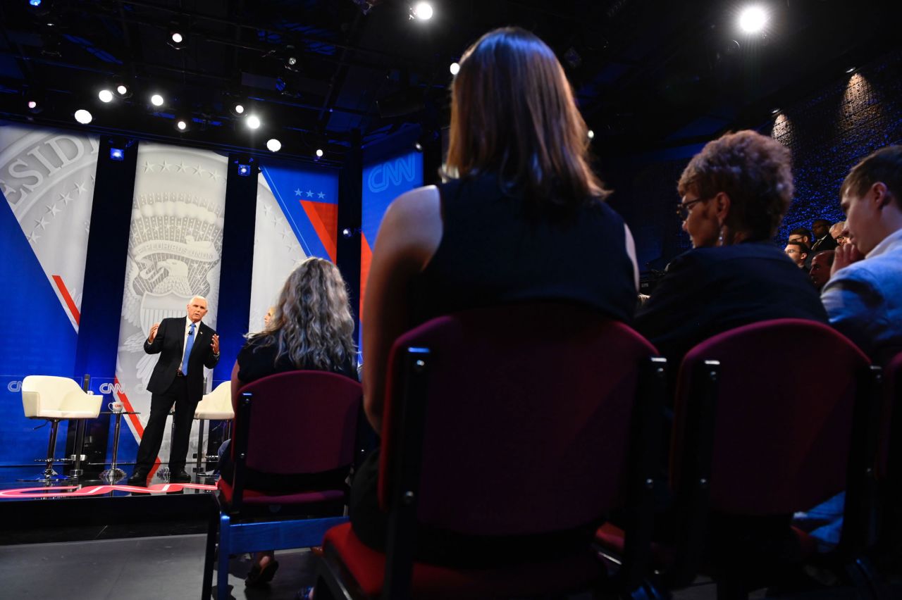 Former Vice President Mike Pence participates in a CNN Republican Presidential Town Hall moderated by CNN’s Dana Bash at Grand View University in Des Moines, Iowa, on Wednesday, June 7.