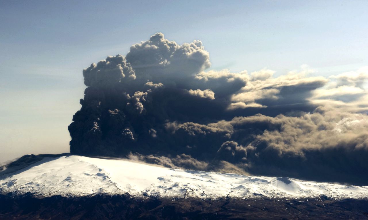 An aerial photo shows the Eyjafjallajökull volcano billowing smoke and ash on April 17, 2010. 