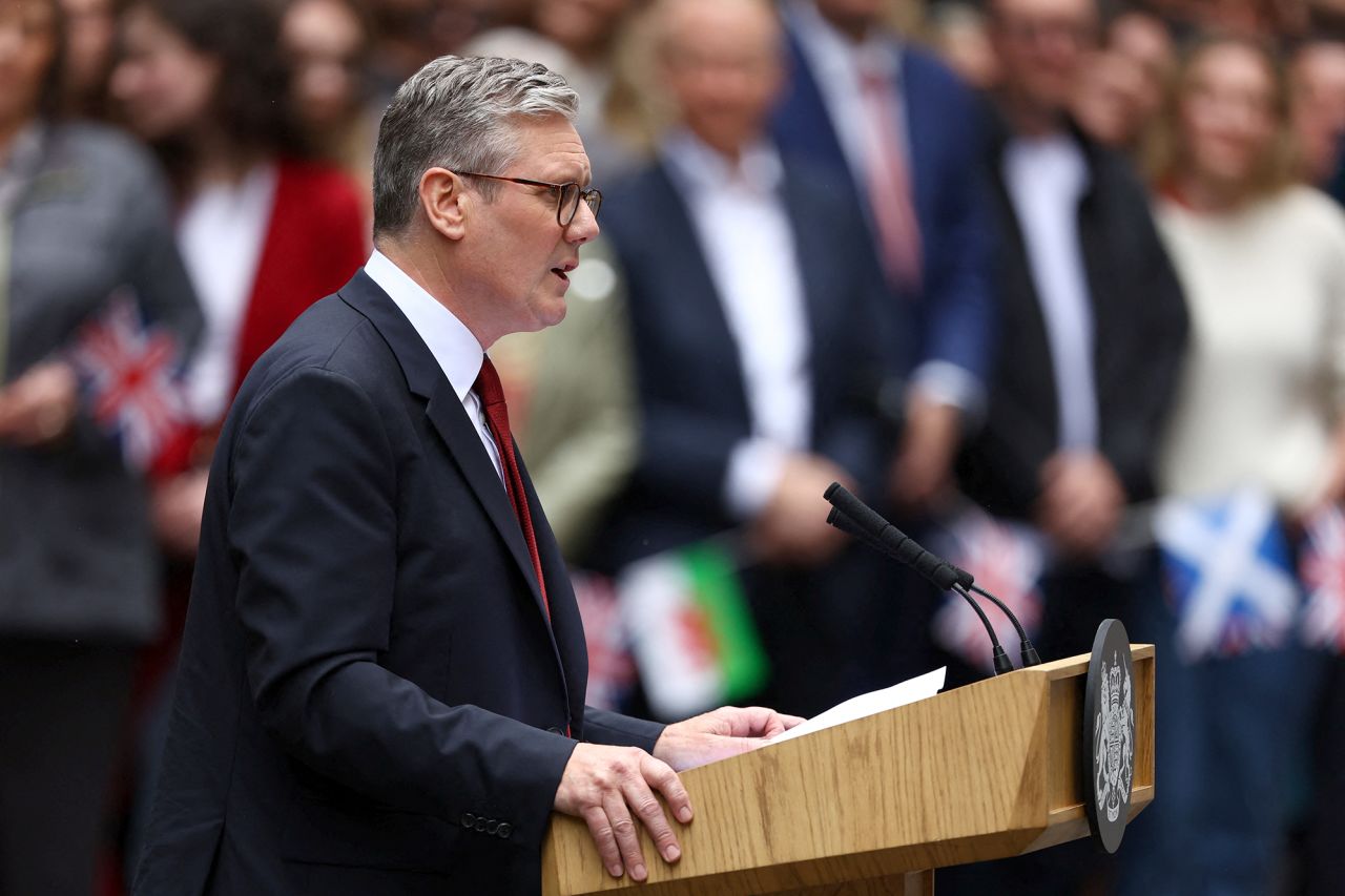 British Prime Minister Keir Starmer delivers his speech outside Downing Street 10 in London, England, on July 5.