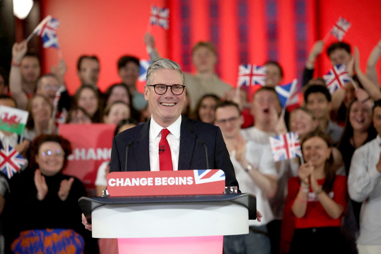 Keir Starmer, leader of Britain's Labour party, reacts as he speaks at a reception to celebrate his win in the election, at Tate Modern, in London, on July 5.