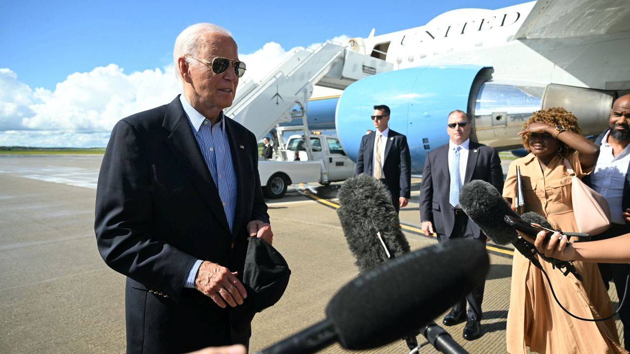 President Joe Biden speaks to the press before boarding Air Force One at Dane County Regional Airport in Madison, Wisconsin, on July 5. 