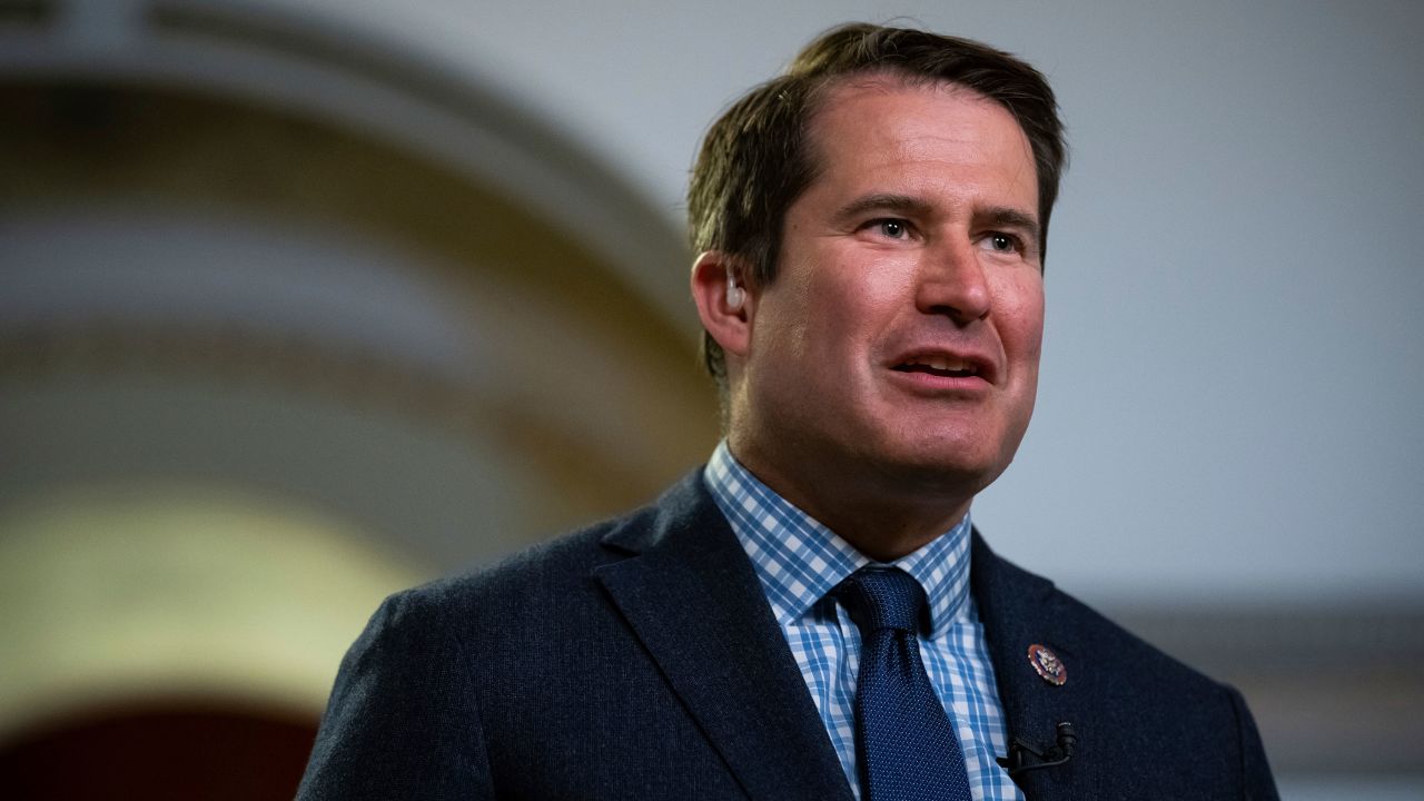 Democratic Massachusetts Rep. Seth Moulton speaks to camera during a TV interview at the in Washington, DC, on April 17, 2023. 