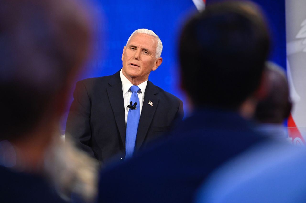 Former Vice President Mike Pence participates in a CNN Republican Presidential Town Hall moderated by CNN’s Dana Bash at Grand View University in Des Moines, Iowa, on Wednesday.