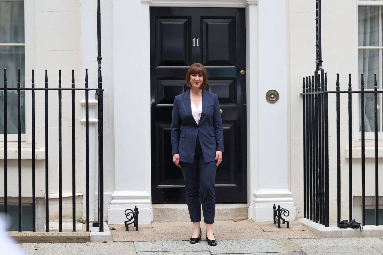 Newly appointed Chancellor of the Exchequer Rachel Reeves poses outside 11 Downing Street, on July 5.