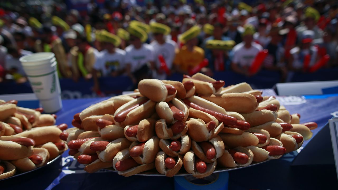 A plate full of hot dogs is seen during the 2022 Nathan's Famous Fourth of July International Hot Dog Eating Contest on July 4, 2022 in New York City.