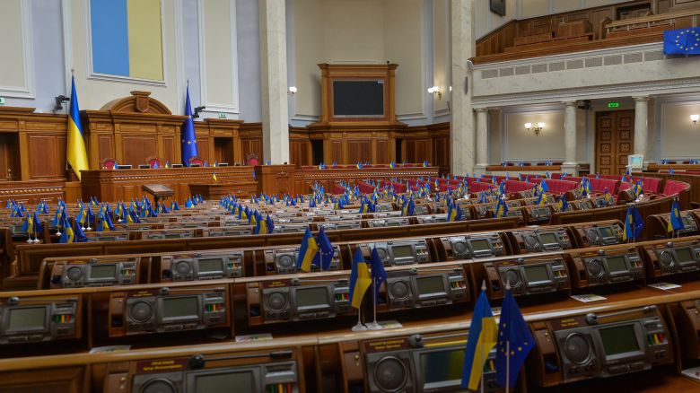 KYIV, UKRAINE - AUGUST 23: Empty hall of the Verkhovna Rada of Ukraine on August 23, 2023 in Kyiv, Ukraine.  On August 24, Ukraine celebrates Day of the National Flag and on August 24 its 1991 declaration of independence from the USSR. (Photo by Andrii Nesterenko/Global Images Ukraine via Getty Images)