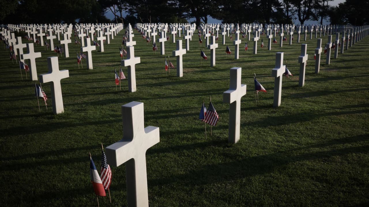 COLLEVILLE-SUR-MER, FRANCE - JUNE 06: Headstones of U.S. military personnel who died during the invasion of Normandy are shown in the early morning light at the Normandy American Cemetery above Omaha Beach on the 80th anniversary of D-Day on June 06, 2024 in Colleville-sur-Mer, France. U.S. President Joe Biden will join veterans, families, political leaders and military personnel in gathering in Normandy to commemorate D-Day, which paved the way for the Allied victory over Germany in World War II. (Photo by Win McNamee/Getty Images)