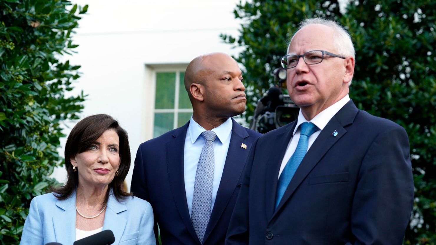 Kathy Hochul, governor of New York, from left, Wes Moore, governor of Maryland, and Tim Walz, governor of Minnesota, speak to members of the media outside the White House in Washington, DC, US, on Wednesday, July 3, 2024. Several leading Democratic governors said they were firmly behind President Joe Biden after a meeting at the White House following last week's disastrous debate performance. Photographer: Yuri Gripas/Abaca/Bloomberg via Getty Images