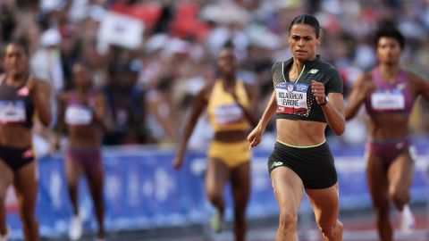 EUGENE, OREGON - JUNE 30: Sydney McLaughlin-Levrone competes in the women's 400 meter hurdles final on Day Ten of the 2024 U.S. Olympic Team Track & Field Trials at Hayward Field on June 30, 2024 in Eugene, Oregon. (Photo by Patrick Smith/Getty Images)