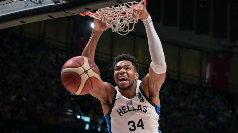 Greece's Giannis Antetokounmpo dunks during the 2024 FIBA Olympic Qualifying Tournament semi-final basketball match between Greece and Slovenia at the Peace and Friendship Stadium in Athens, Greece on July 6, 2024.