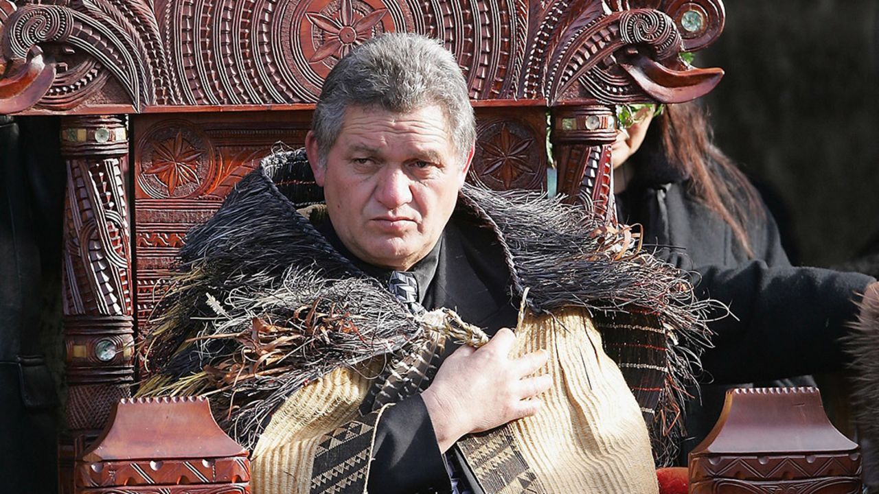 Maori King Tuheitia sits on the throne at his coronation at Turangawaeware Marae on August 21, 2006 in Ngaruawahia, New Zealand.