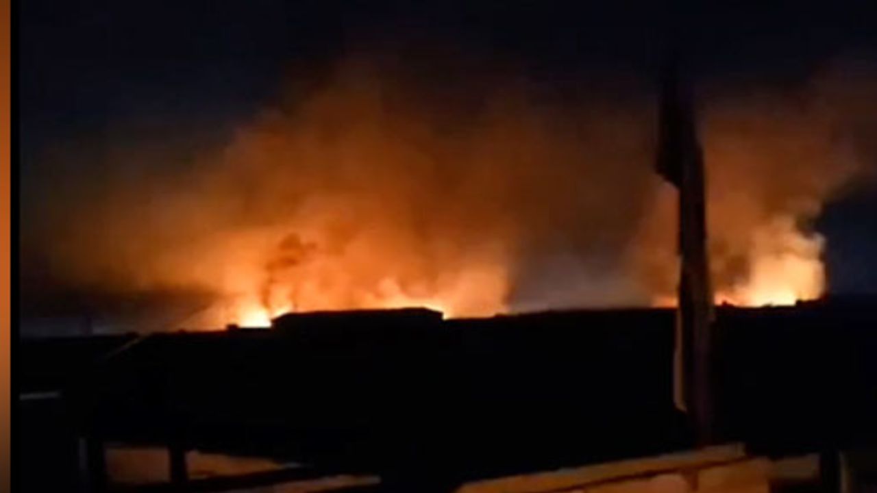 Flames from a large explosion near Babylon, Iraq, can be seen in an image taken from video obtained by CNN from social media.