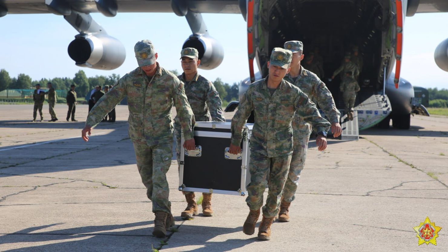 Chinese troops are shown arriving in Belarus in this photo provided by the Belarusian Ministry of Defense.