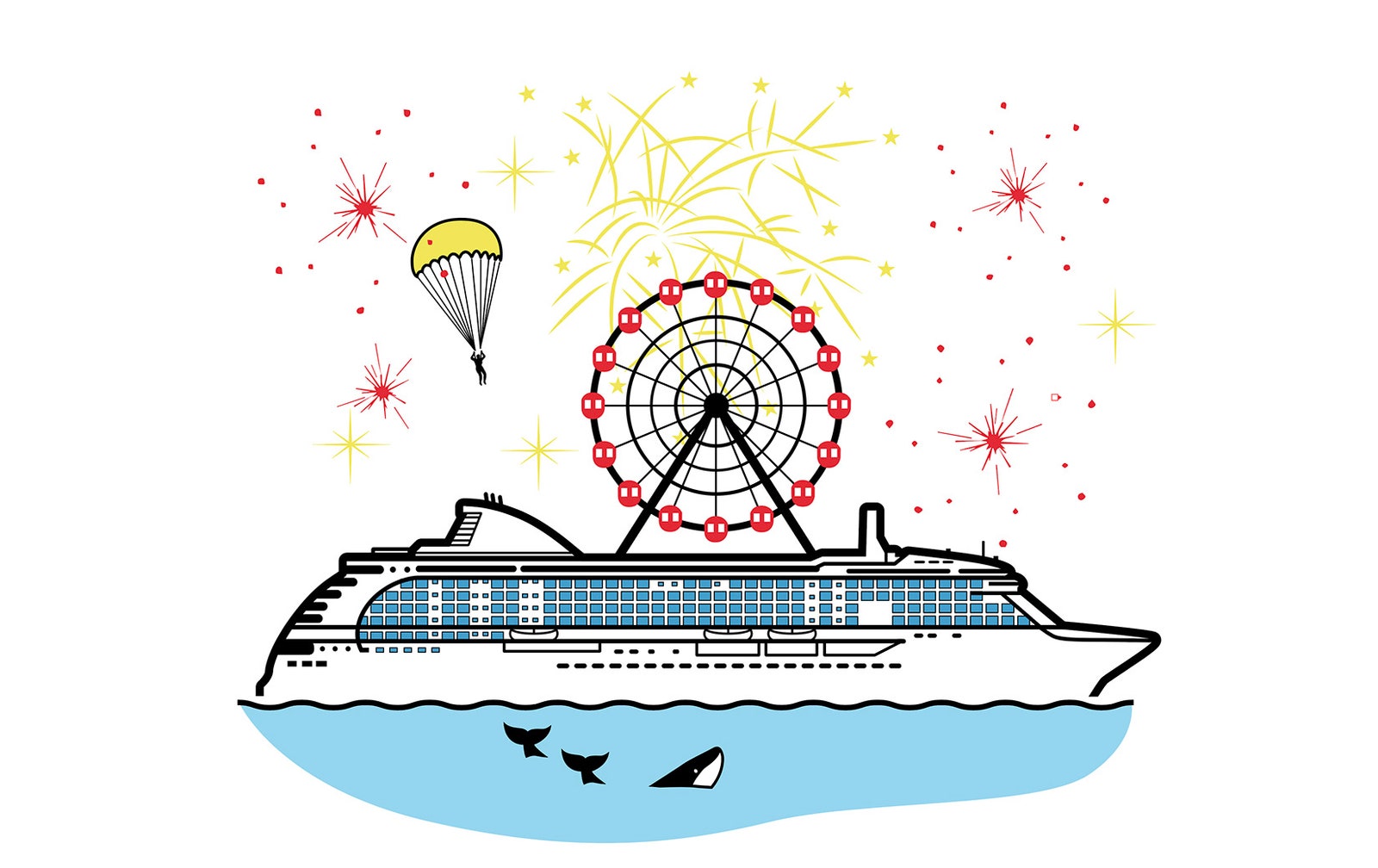 CNT Intel Illo Illustration Cruise Ship with fireworks Ferris Wheel Skydiver