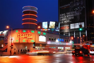 Amoeba Music Los Angeles. night. lights. cars. street