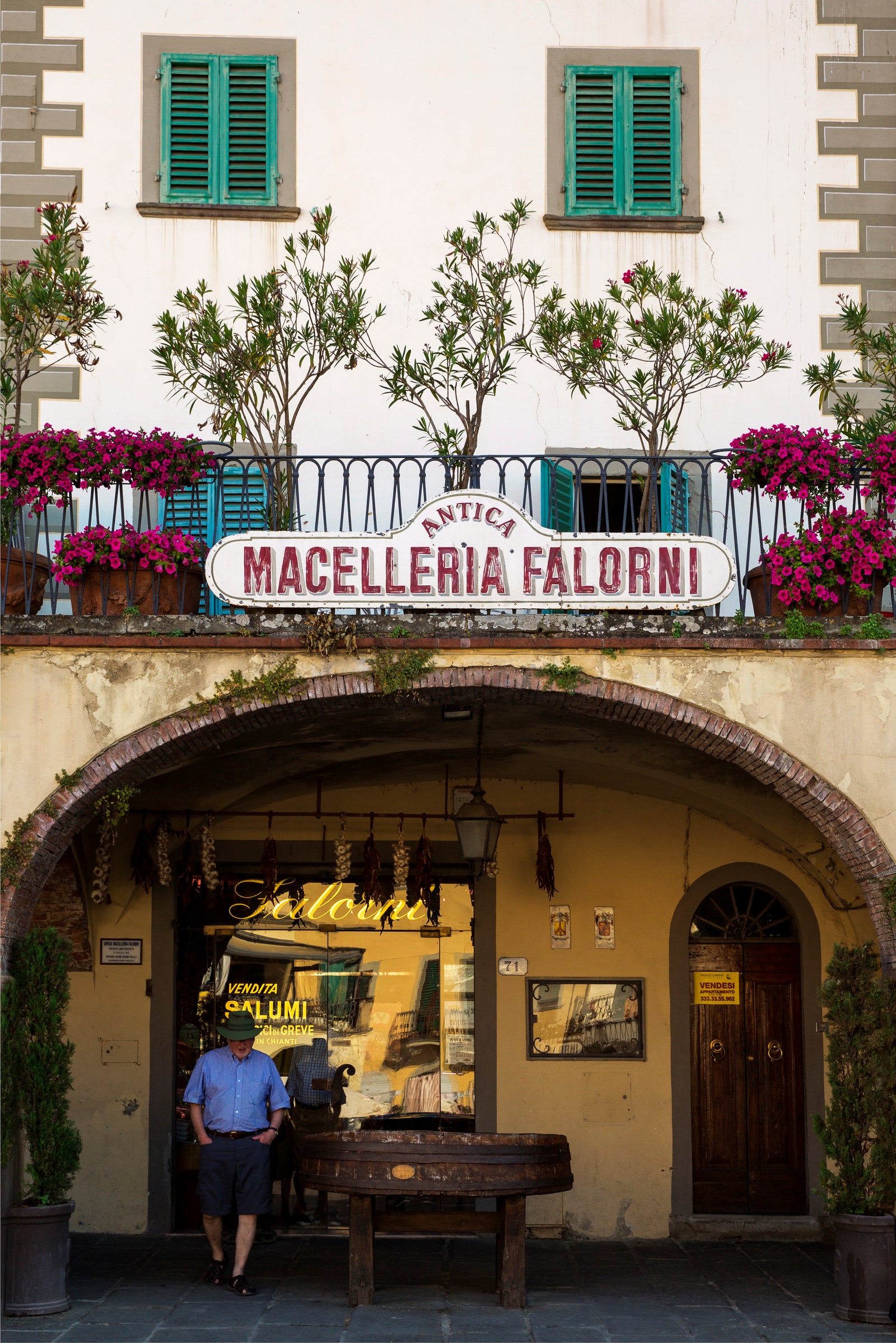 Store front of Antica Macelleria Falorni in Greve in Chianti one of the best butchers in Tuscany.