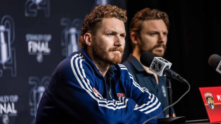 Matthew Tkachuk at the podium during the Stanley Cup Final.