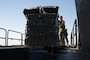 A U.S. Air Force port operations Airman loads pallets of humanitarian aid destined for Gaza aboard a C-130J Super Hercules at an
undisclosed location within the U.S. Central Command area of responsibility, April 23, 2024. The U.S. Air Force’s rapid global
mobility capability is enabling the expedited movement of critical, life-saving supplies to Gaza. (U.S. Air Force photo)