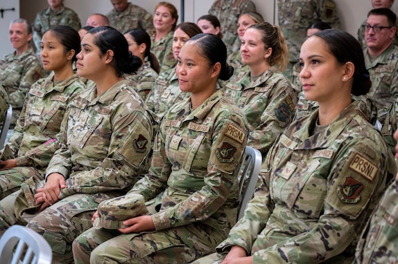 Guardsmen from Hawai'i Air National Guard’s 154th Force Support Squadron attend a question-and-answer session with Adm. Samuel J. Paparo, commander of U.S. Indo-Pacific Command, on Joint Base Pearl Harbor-Hickam, Hawai'i, on Aug. 12, 2024.