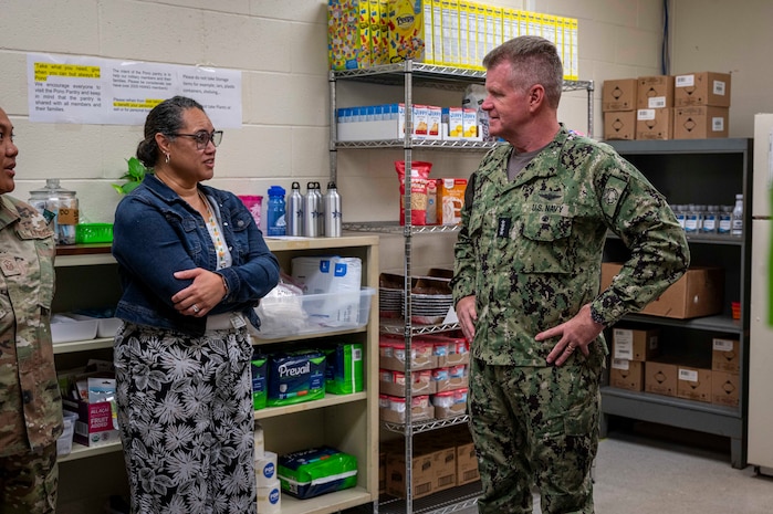 Adm. Samuel J. Paparo, commander of U.S. Indo-Pacific Command, speaks with personnel from Hawai'i Air National Guard’s 154th Force Support Squadron during his visit on Joint Base Pearl Harbor-Hickam, Hawai'i, on Aug. 12, 2024.