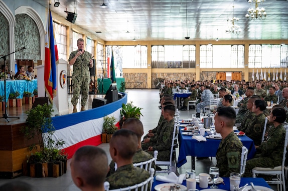 Adm. Samuel J. Paparo, commander of U.S. Indo-Pacific Command, speaks to cadets at the Philippine Military Academy, during an overseas trip to the Philippines, Aug. 29, 2024.