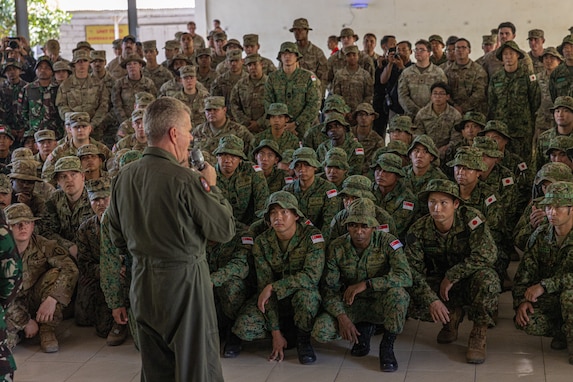 U.S. Navy Adm. Samuel Paparo, commander of U.S. Indo-Pacific Command, gives a speech to multinational service members at Puslatpur 5, Indonesia during Super Garuda Shield 2024, Aug. 31, 2024.