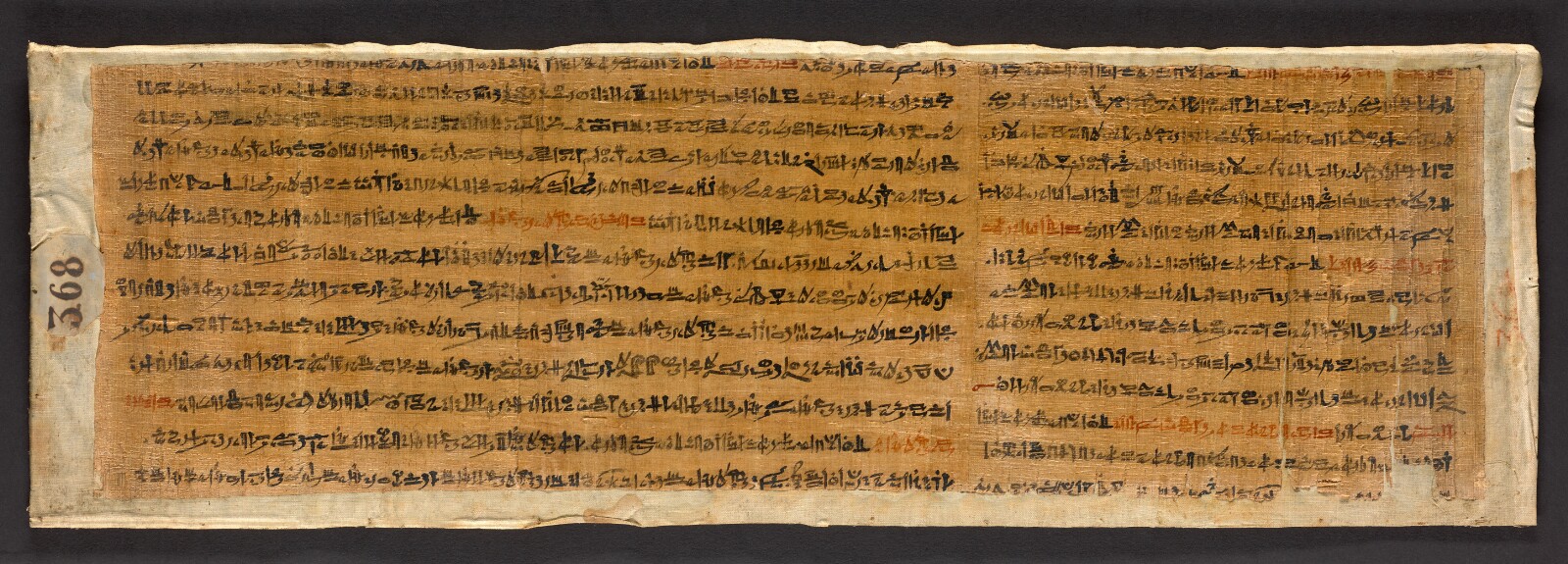 Papyrus scroll with Book of the Dead text and the numbers 368 on the far left