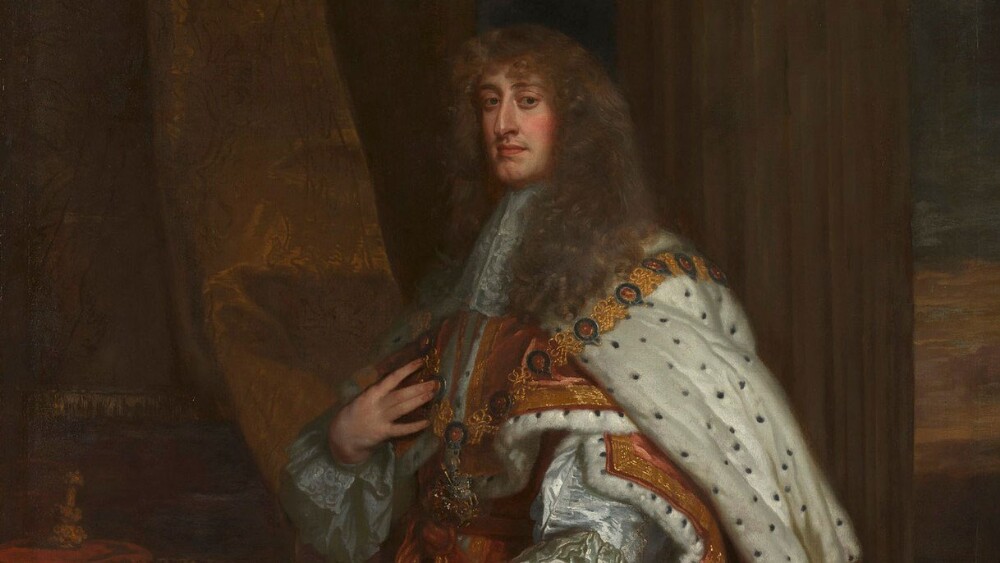 A painting of a man in a long curly wig with an ermine robe