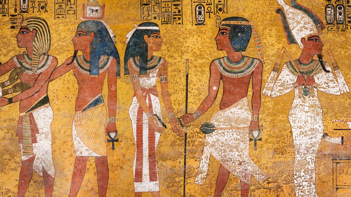 Seven figures are depicted in a wall painting inside the Tomb of Tutankhamen