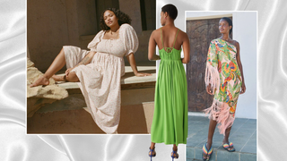 beach wedding guest dresses  three models wearing beach wedding guest dresses on a collage