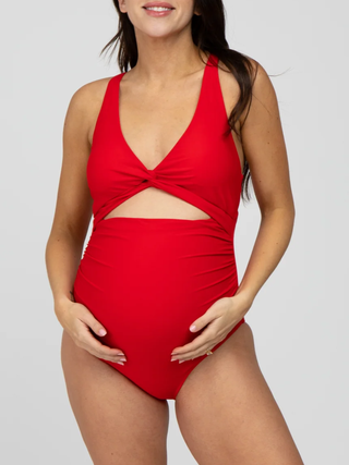 Red Ruched Sides Front Cutout Maternity One Piece Swimsuit