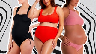 best maternity swimsuits  three pregnant models wearing swimsuits