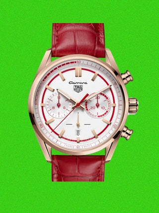 Theres a striking red Porsche link here that were all about framed in a pink gold TAG Heuer case. This is the first time...