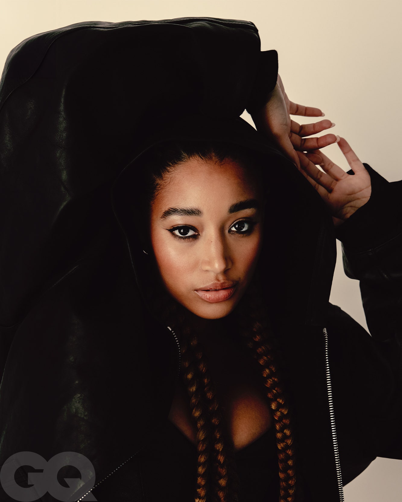 Image may contain Amandla Stenberg Face Head Person Photography Portrait Fashion Adult Clothing Hood and Body Part