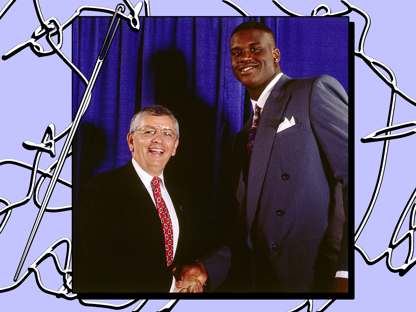 Image may contain Shaquille O'Neal David Stern People Person Accessories Formal Wear Tie Clothing Suit and Blazer