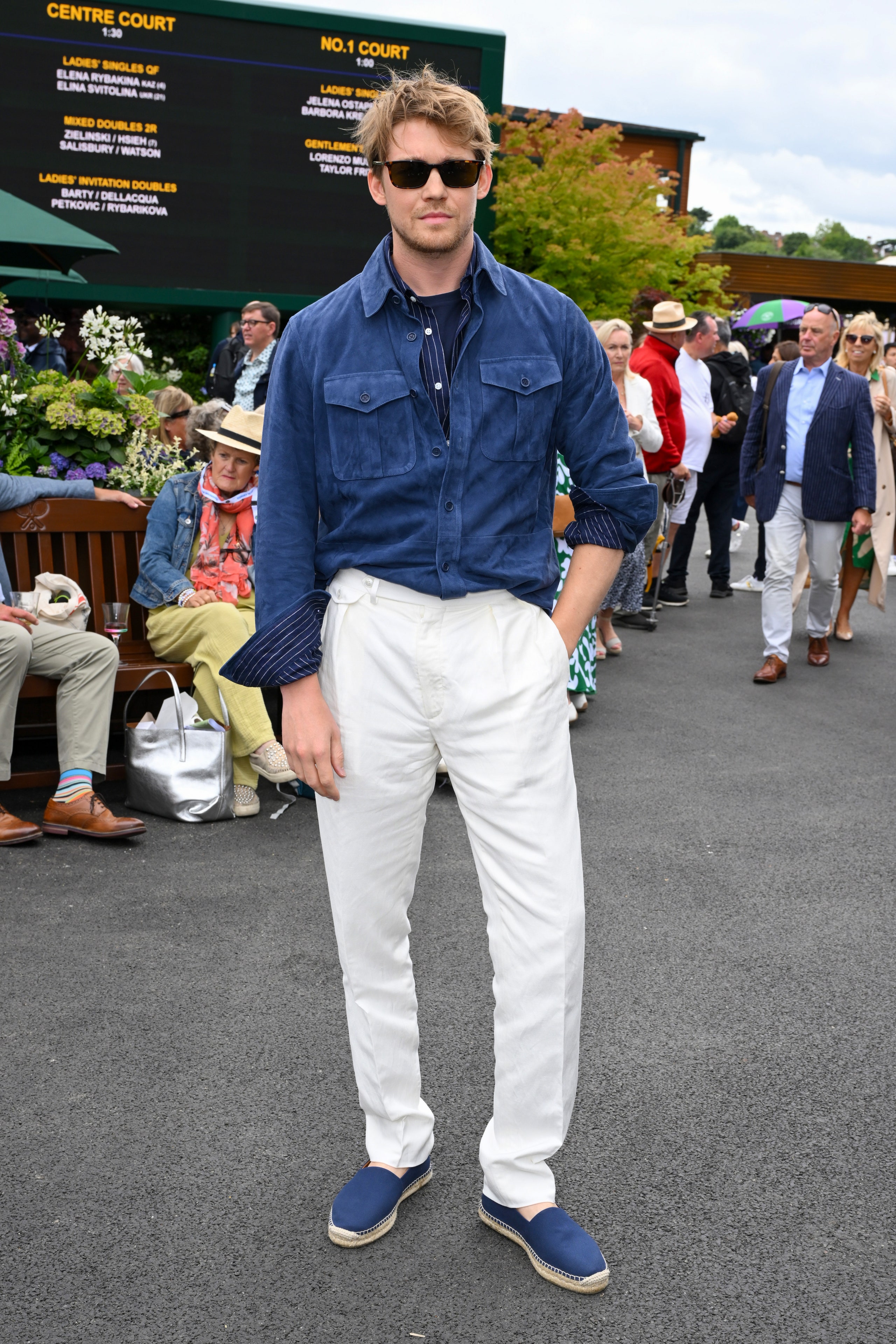 LONDON ENGLAND  JULY 10 Joe Alwyn wearing Ralph Lauren attends the Wimbledon Tennis Championships at the All England...